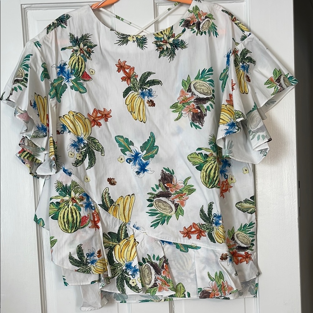 Tropical Print Ruffle Blouse